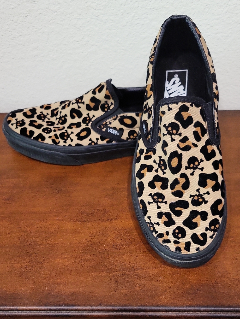 Vans Slip-On Sneakers - Tan and Black Leopard with Skull Accents Size 9
